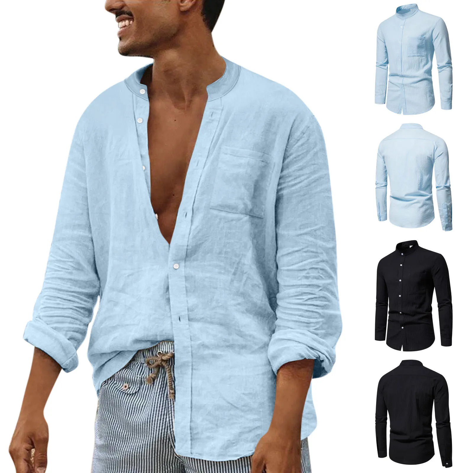 

Men Shirts Pack Male Casual Autumn Solid Shirt Stand Collar Long Sleeve Pocket Shirt Blouse Gray Workout Top Men