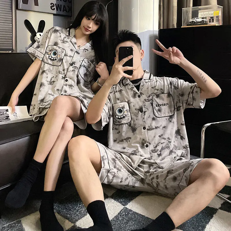 Couple pajama women's thin summer short sleeve cardigan new cotton striped men's lapel summer loungewear set