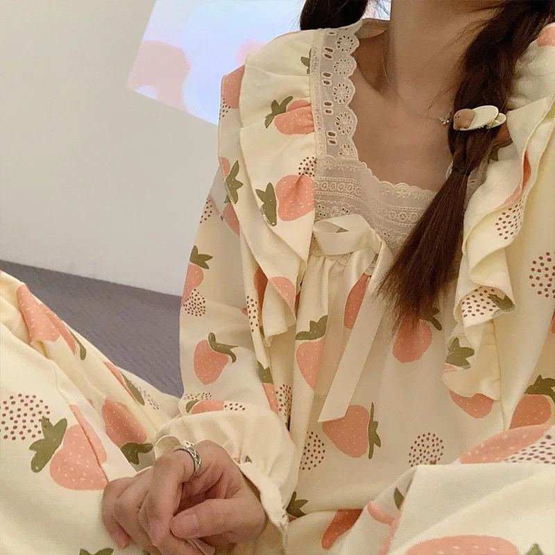 New women's pajamas women's lovely printing long cotton pajamas long sleeve shirt and sweet spring pajamas