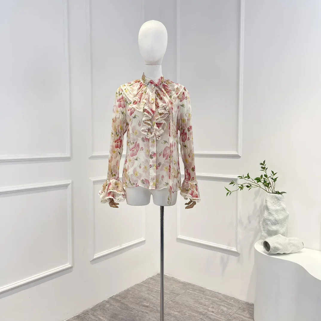 

Silk Top Quality New Arrival 2023 Spring Summer Sweet Natural Fabric Pink Floral Printing Button Long Sleeve Blouse for Women