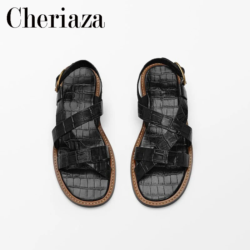 

2022 New Summer Fashion Woman Top Layer Cowhide England Style Lady Black Flat Sandals Casual Solid Simple Beach Shoes Female