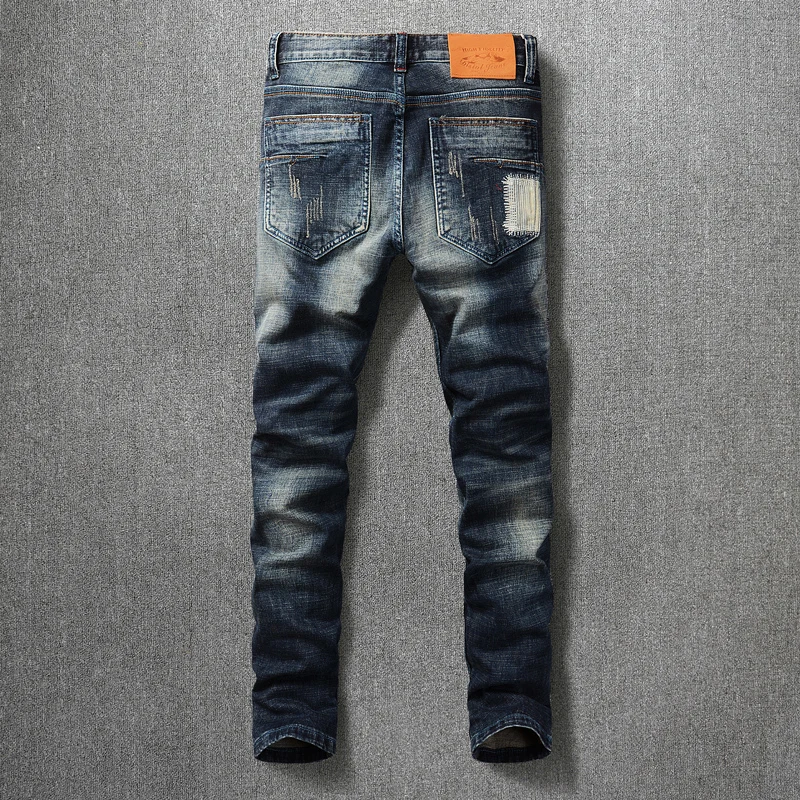 Newly Designer Fashion Men Jeans High Quality Retro Black Blue Elastic Slim Fit Ripped Jeans Men Patched Vintage Denim Pants