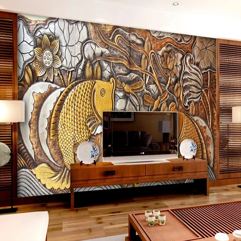 

Custom Large 3D Murals Wallpaper 3D Copper Relief Lotus Fish Fresco Living Room Bedroom Study Sofa Home Decor Papel De Parede 3D