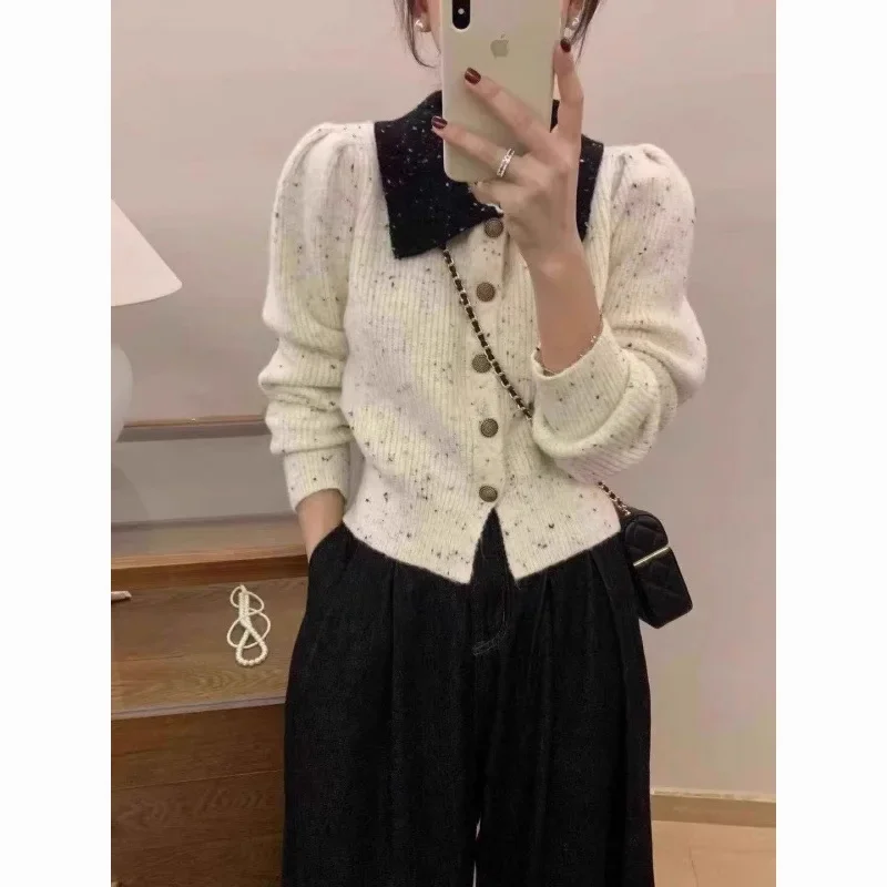 Элегантный французский твидовый стиль вязаный кардиган женский осенне-зимний