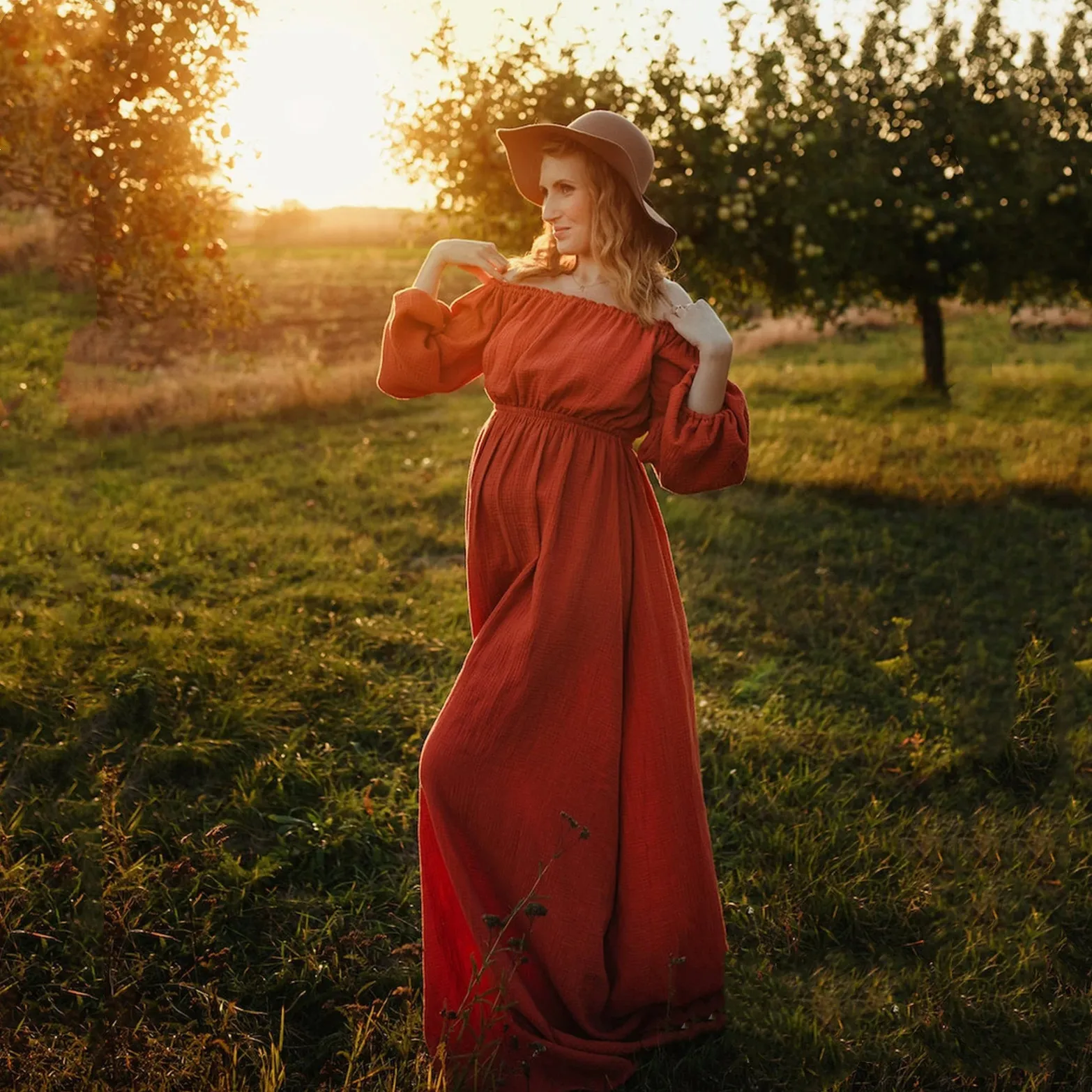

Boho Maternity Photo Shoot Long Dresses Rust Cotton Slash Neck Bohemian Pregnancy Dresses For Photography