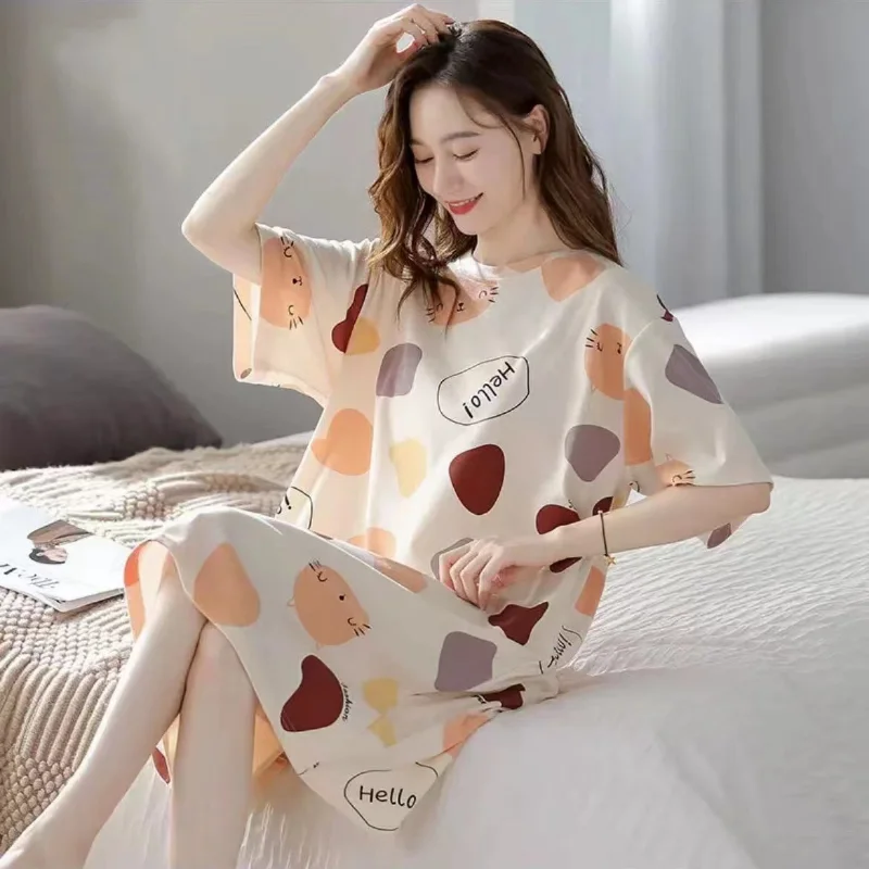 New summer women's pajamas cute short-sleeved nightdress cartoon large size summer dress home service can be worn outside