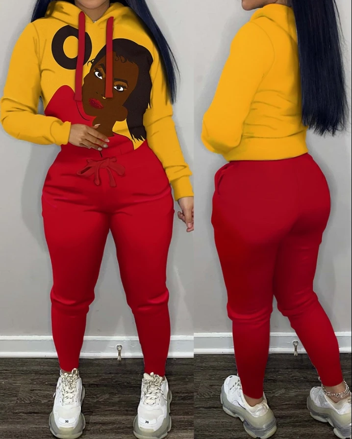 

Figure Print Long Sleeve Hoodie & Drawstring Pants Set