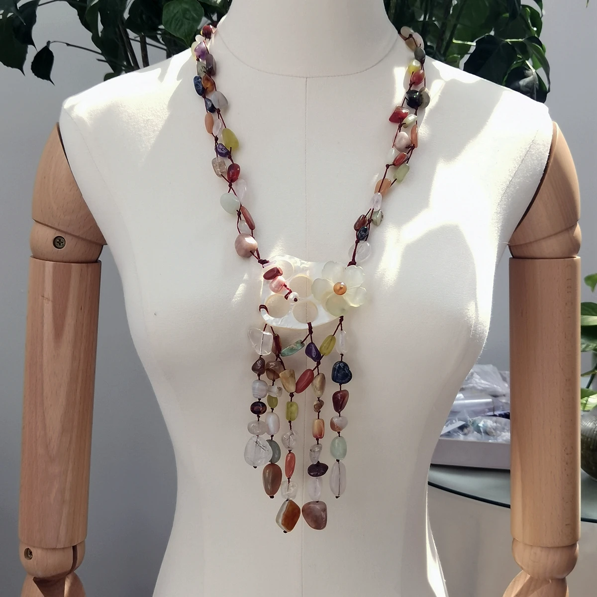 

Lii Ji Statement Necklace Real Stone Agate Jade Amethyst Rose Quartz Women Necklace 70cm