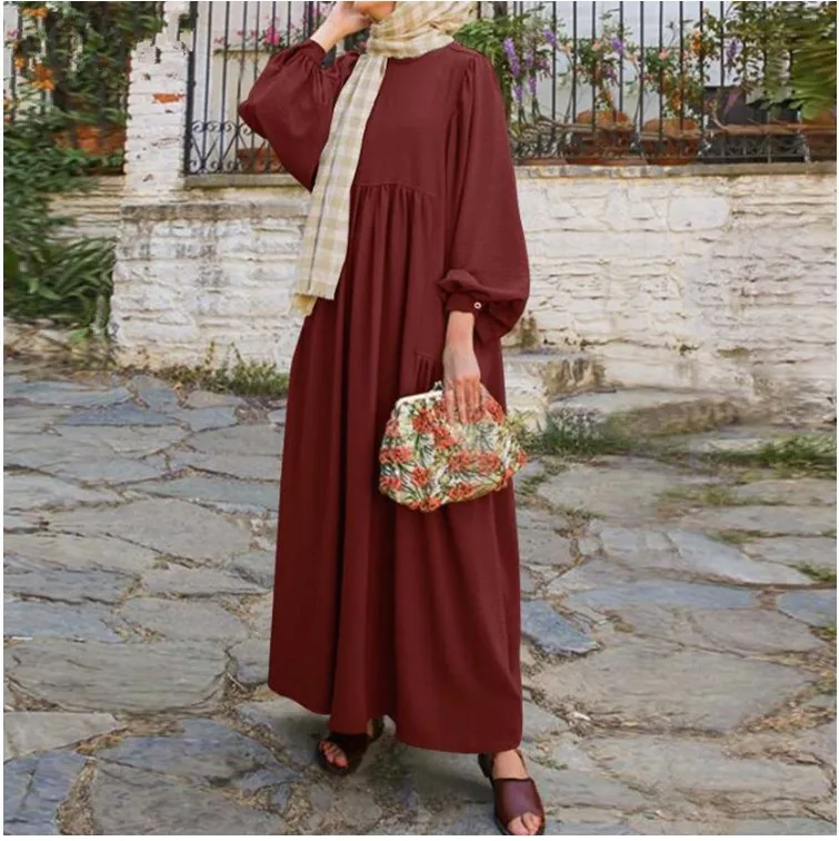 New Muslim women's pure color round neck lamp sleeves loose casual fashion women's dress