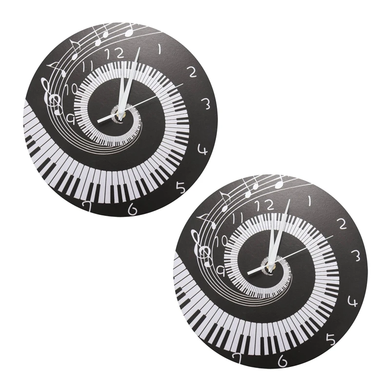 

2X Elegant Piano Key Clock Music Notes Wave Round Modern Wall Clock Without Battery Black + White Acrylic