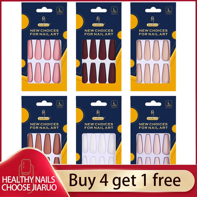 

JIARUO Press on Nails Long Matte Fake Nail Art Coffin Tip Set with Designs Acrylic Artificial Forms for Extension Reusable False