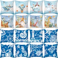 retro mediterranean ocean cushion cover 45x45cm mermaid fish blue green print throw pillows nordic sofa living room pillow case