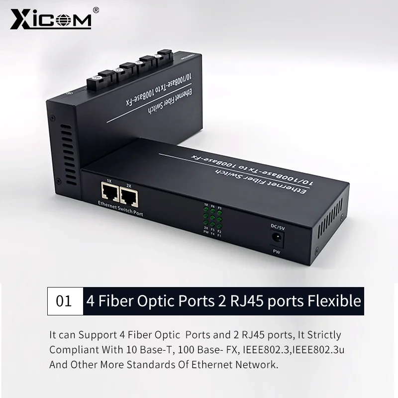 Media Converter Fiber Optic Single Mode SC Fiber Switch 10/100M 4 Fiber Optic Port 2 RJ45 Port Media Converter Simplex/Duplex
