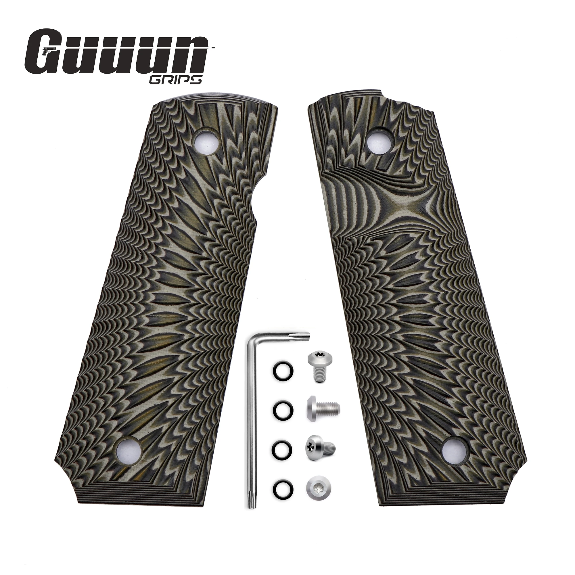 Guuun 1911 Grips G10 Full Size Non-Slip Handle Ambi Safety Cut Big Scoop Sunburst Texture