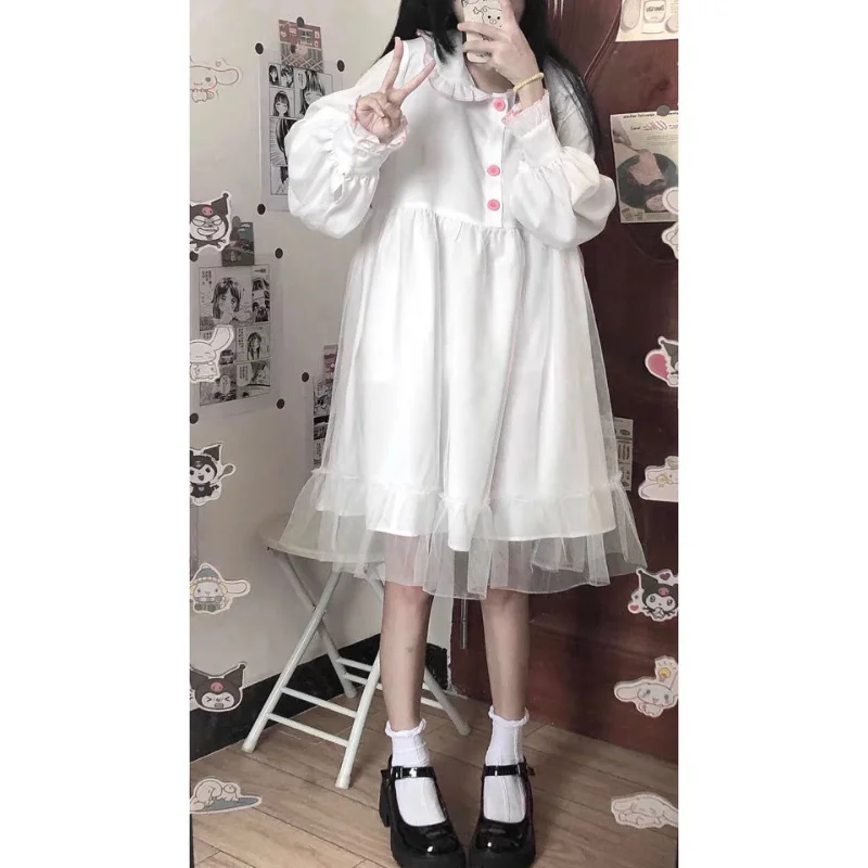 HOUZHOU White Kawaii Lolita Dress Women Long Sleeve Chiffon Patchwork Midi Dresses Japanese Sweat Girls Robe Preppy Style Outfit