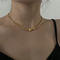 srcoi minimalist gold color stainless steel thick chunky cuban chain necklaces female fold over clasp charms collarbone chain