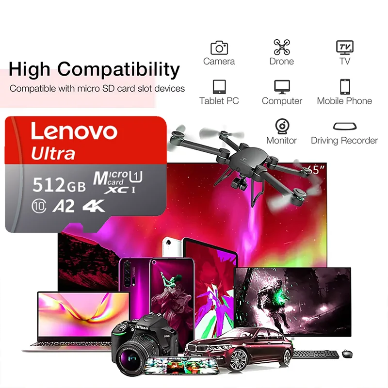 Высокоскоростная карта памяти Micro SD Lenovo 2 ТБ 1 ТБ, совместимая с видео 4K Full HD, подходит для телефонов, экшн-камер GoPro, 128 ГБ 256 ГБ 512 ГБ (art.: 3920dd2015c2a) - 3920dd2015c2a