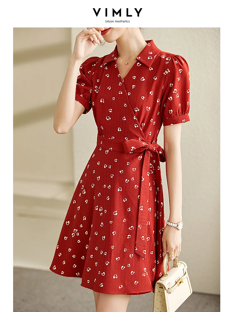 Vimly Korean Fashion Summer Dresses for Women 2023 Red Printing Lace-up V·Neck A-line Puff Short Sleeve Vintage Dress V3166