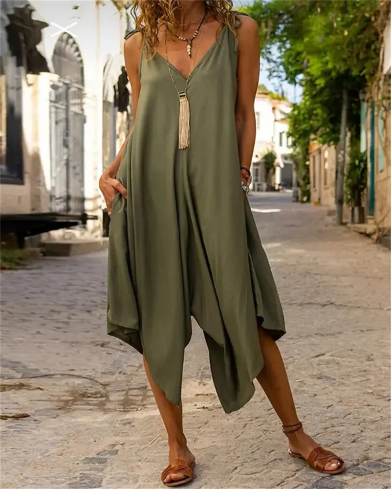 

Женский летний модный комбинезон, повседневный Асимметричный комбинезон без рукавов с V-образным вырезом и карманами, 2023