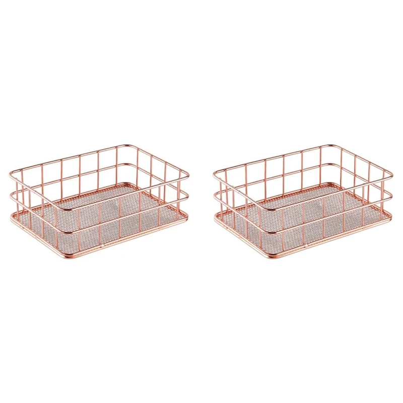 

2X Metal Storage Basket Storage Box Iron Grid Storage Tray Net Basket Storage Bins Storage Basket Rose Gold Fruit