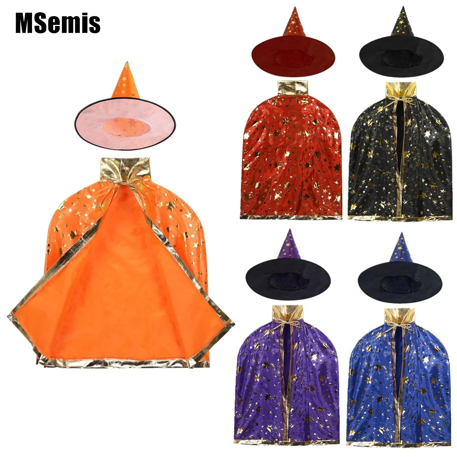 

Toddler Halloween Witch Wizard Costume Outfits Kids Boys Girls Cosplay Party Witch Cloak with Hat Shiny Gold Stars Clothes Set