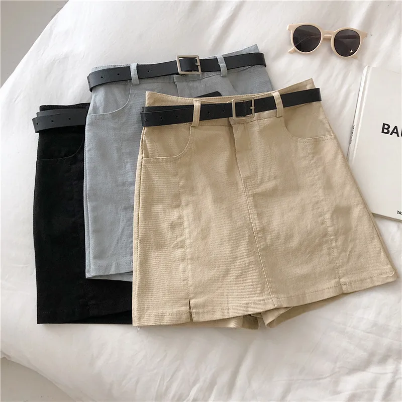 

Mini Skirts Women England Solid Office Lady Summer Fashion High Waist A-line Pocket Females 3 Colors Casual Korean Style Slit