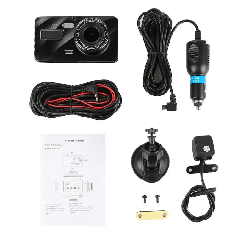 

Автомобильный видеорегистратор из алюминиевого сплава, 1080P HD, 4,0 дюйма, ЖК-дисплей, сенсорный экран, суперширокоугольный, передняя и задняя к...