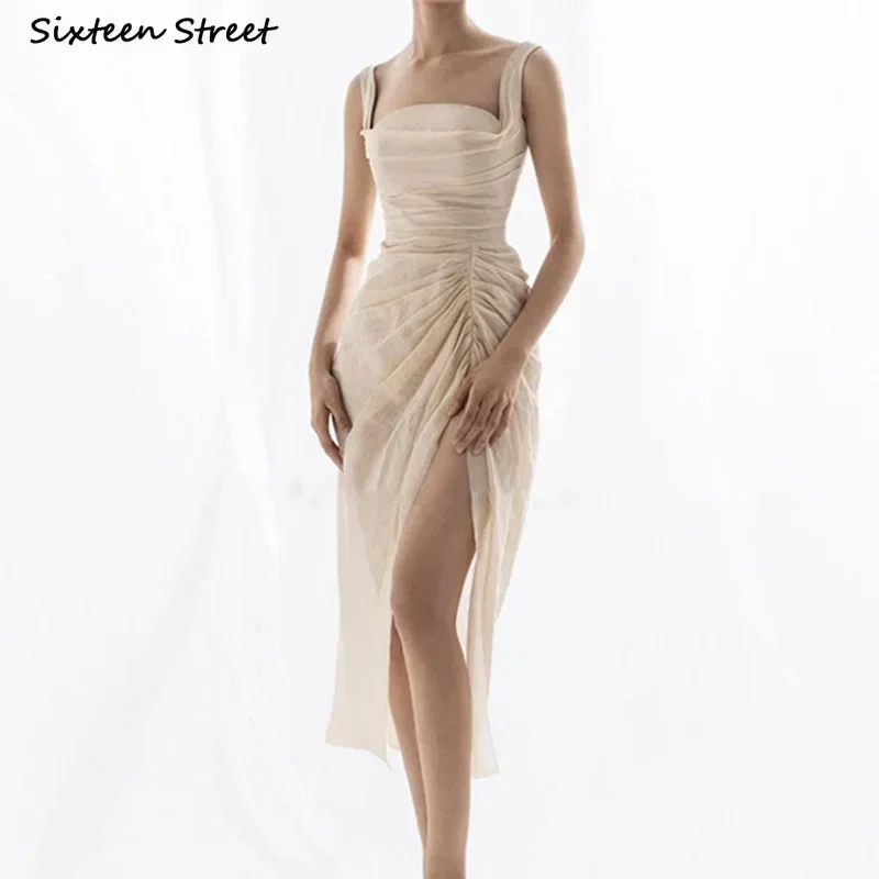 Платье женское Сетчатое абрикосовое с квадратным вырезом элегантный облегающий