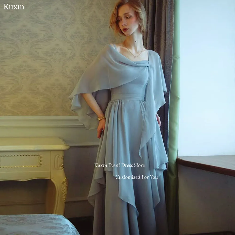 Фото Вечернее платье Kuxm Bule с квадратным вырезом, А-силуэта, на тонких бретелях, из шифона, для торжественных мероприятий, с разрезом и накидкой, женское выпускное платье, на заказ №1