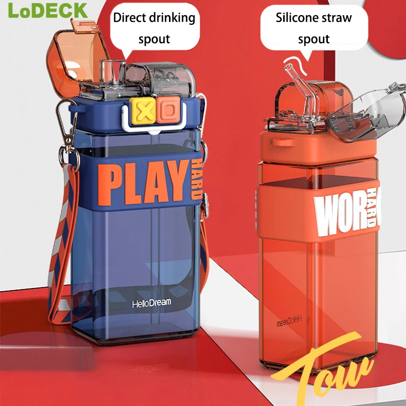 

Summer Outdoor Double Straw Mug Sports Gym Drinking Tumbler Travel 520ml Plastic Water Bottle Creative Portable Cup With Strap