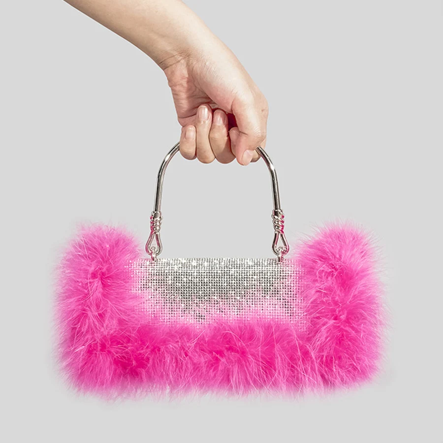 

Luxury Design Diamond Chains Shoulder Crossbody Bags For Women Feather+Rhinestone Dinner Bag Metal Handle Clutch Female Handbags