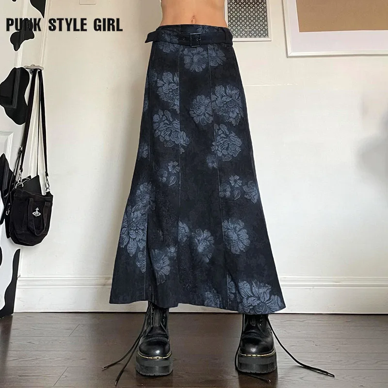 

2024 Retro Rose Printed Midi Skirts Women Vintage Grunge Stitching A Line Skirt Harajuku Retro High Street Casual Y2K Long Skirt