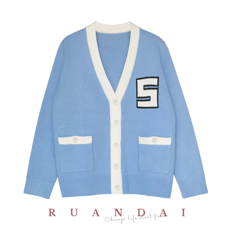 Tweed Long-sleeved Sweater for RUANDAI 2022 Summer New Soft Milk Blue French Single-breasted Loose Knitted Cardigan Women