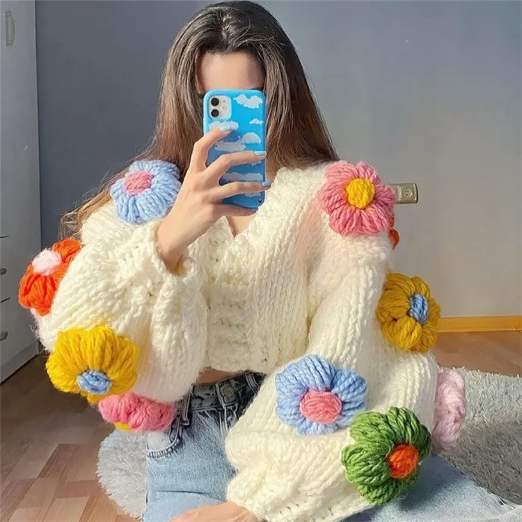 

Handmade Three-Dimensional Crochet Flowers Knitted Short Sweater Women V Neck Cardigan Lantern Sleeve Thick Loose Outerwear Top
