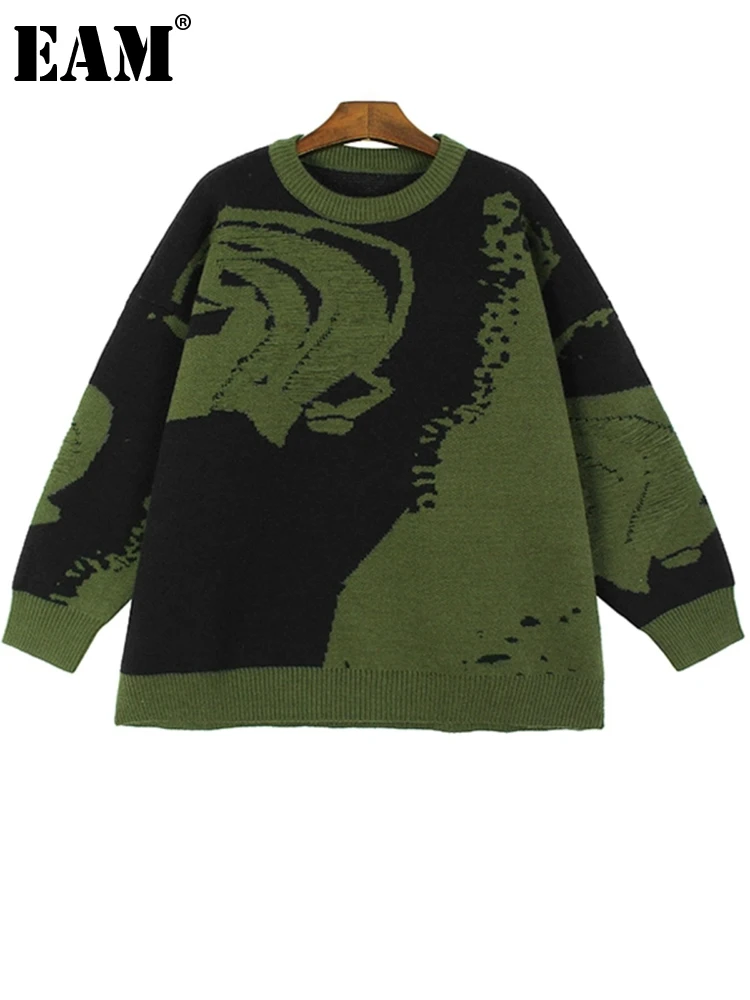 

[EAM] Green Jacquard Big Size Knitting Sweater Round Neck Long Sleeve Women Pullovers New Fashion Spring Autumn 2023 1DH1818