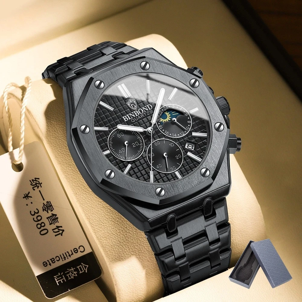 

Top Brand Man Casual Watch Luxury Luminous BINBOND B0161 Box Wristwatch Stainless Steel Waterproof Men Date Calendar Clock