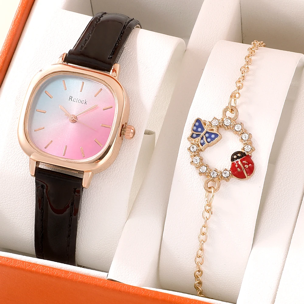 

Модные женские квадратные часы, простые кожаные кварцевые повседневные часы с бабочкой, бриллиантовым браслетом, подарок, relogio reloj mujer