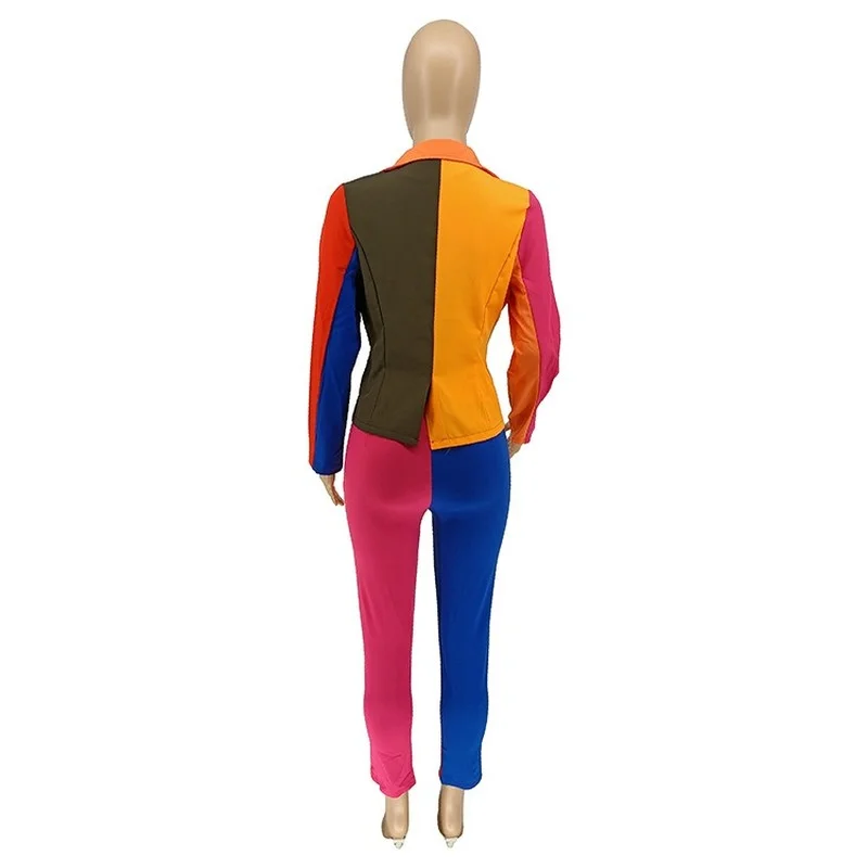 Indie Contrast Colors Blazer Women Patchwork V-Neck Single Button Casual Office Blazer with Fake Pocket Plus Size New Work Wear