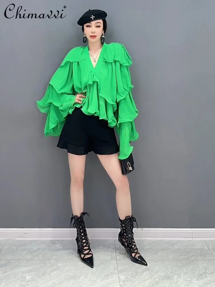 

Green Shirt for Women 2023 Spring New Korean Fashion Pleated Type V-neck Irregular Blouse Loose Casual Temperament Women Tops