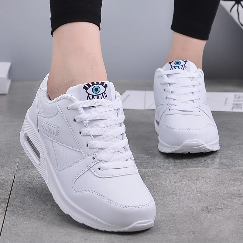 Women Fashion Sneakers Air Cushion Sports Shoes PU Leather Black Shoes Lace-up Outdoor Walking Jogging Shoes Female Trainers