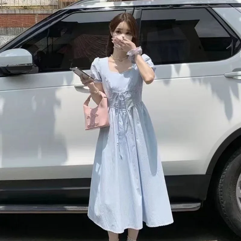 2024 новое летнее нежное стильное свежее синее платье с квадратным воротником и