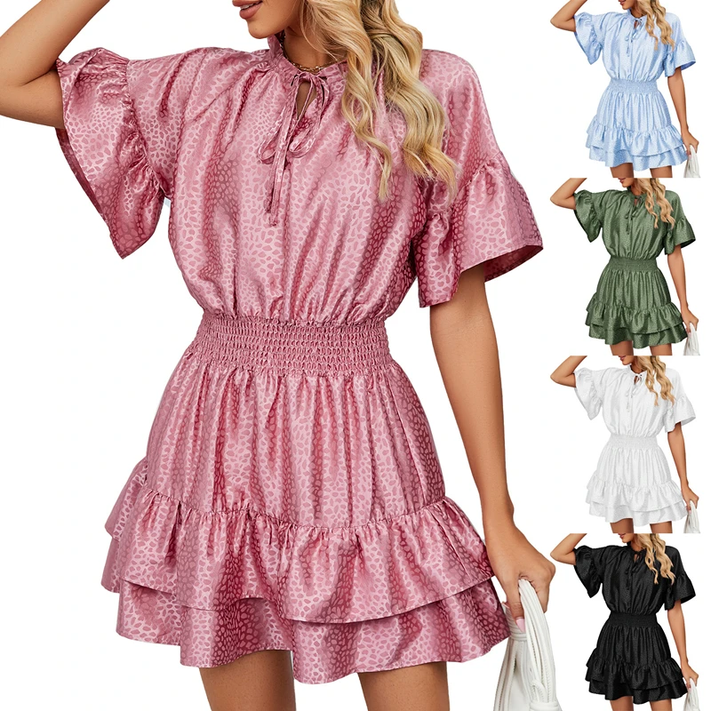 

Женское свободное атласное жаккардовое платье, свободное платье с V-образным вырезом, расклешенными рукавами и оборками, модель H126 на лето, 2023