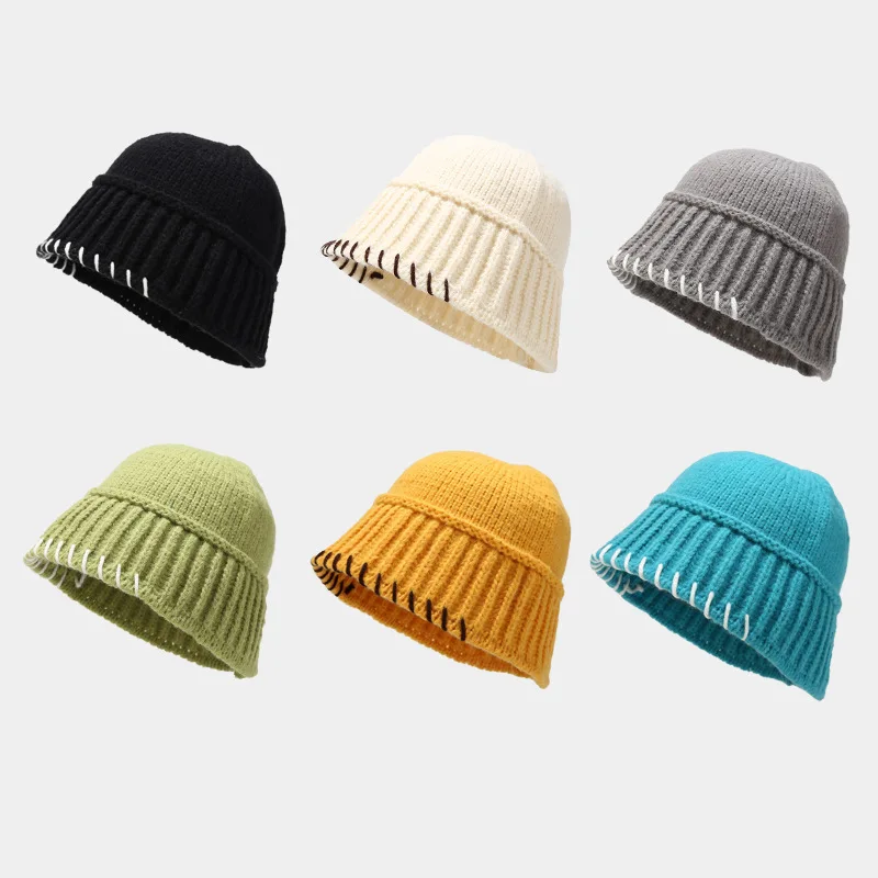 

Knitted Coarse Wool Bucket Hat Ladies Thickened Warm Fisherman Hats Basin Hat Retro Wild Panama Cap Outdoor Windproof Caps