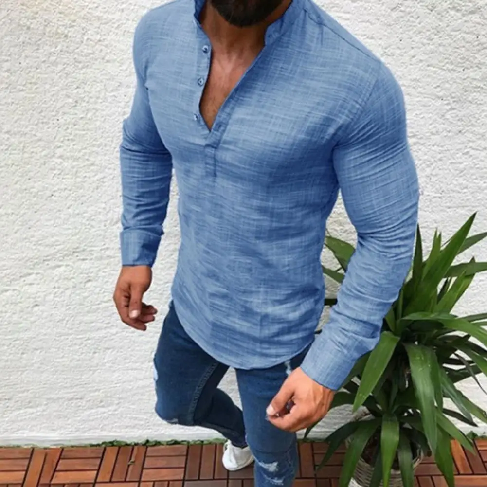 

Solid Color Close-fitting Stand Collar Men Shirt Colorfast Pullover Spring Top All Match Long Sleeve Men T-shirt for Daily Wear