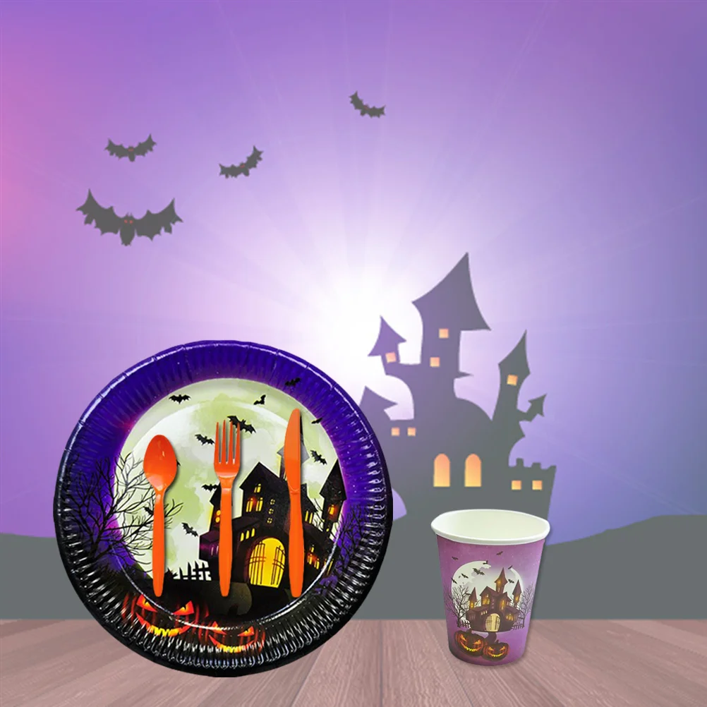 

Tableware Cups Party Castle Plates Paper Drinking Forks Table Runner Purple Pumpkin Dinnerware Set Disposable
