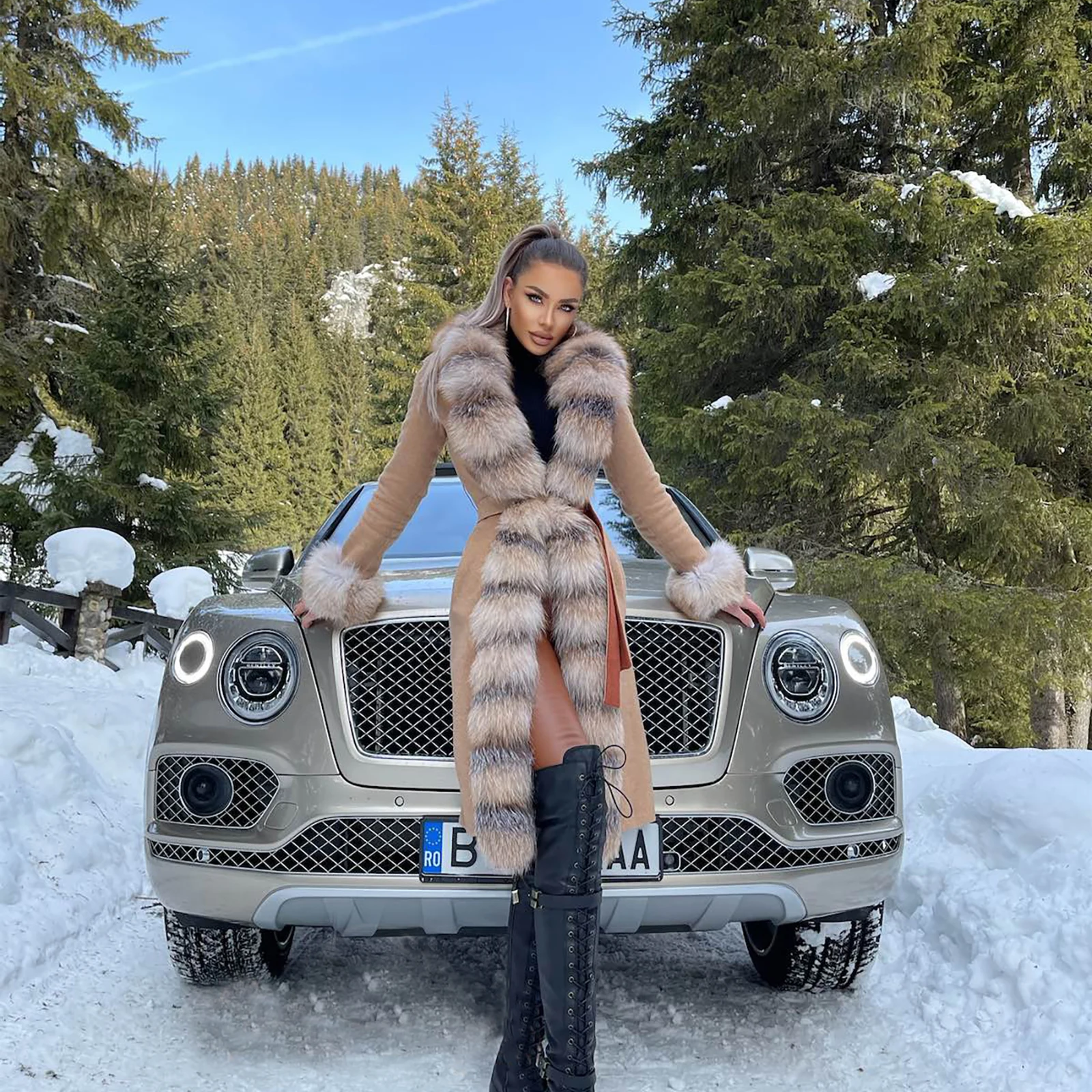 Зимняя мода Меховое пальто из натурального лисьего меха Кашемировые Женское