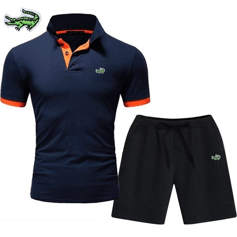 

Men's Embroidery Brand Polo Shirt+Shorts Set Spring/Summer Fashion Leisure Outdoor Sports Beach Short Sleeve Two Piece Set