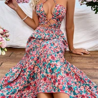 floral dress bohemian sexy printed halter strap sexy backless high waist pink dress sicilian fashion summer 2022 western style