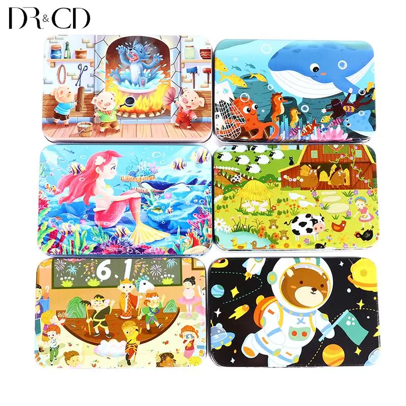 

60pcs/set Metal Box Wooden Puzzle Cartoon Animal Vehicle Wood Toy Jigsaw Baby Early Educational Toys Gift Toys For Kids