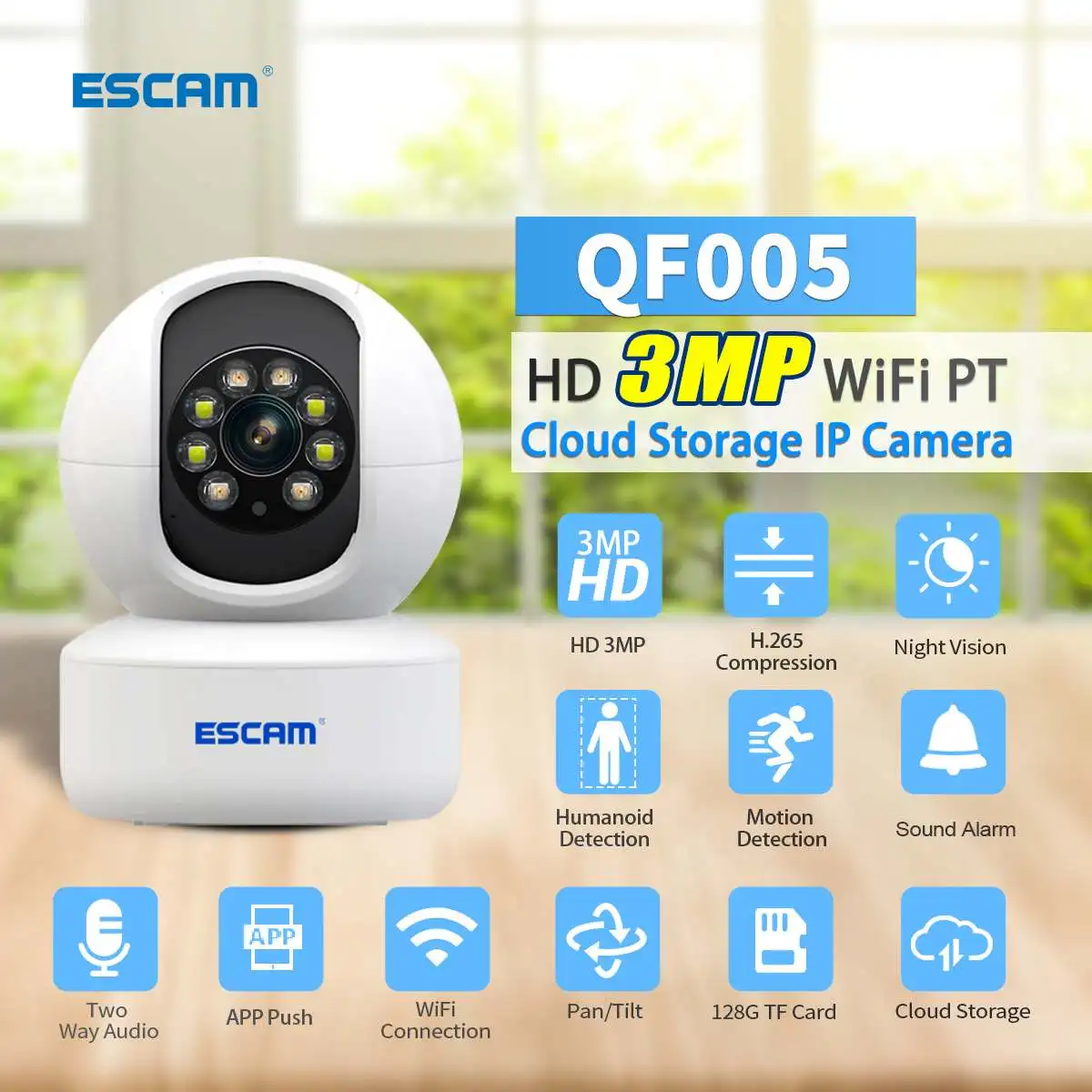 

IP-камера ESCAM QF005, 3 Мп, Wi-Fi, 2,4 ГГц